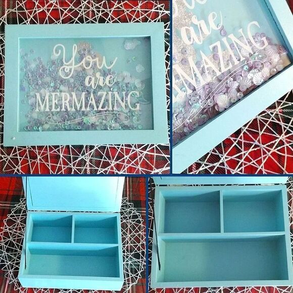 You Are Mermazing Mermaid Blue Wood with Sequins in Glass Top Jewelry Box - Picture 4 of 17